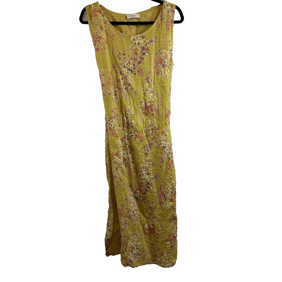 Bellaurbia Dress Sleeveless Floral Linen Midi Size L Yellow Gold Pink Boho Slits - Picture 1 of 7